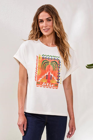 Cotton Embroidered Cap-Sleeve Crewneck Tee-White