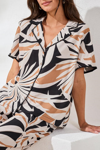 Printed Button‑Front Collared Short‑Sleeve Blouse-Chestnut