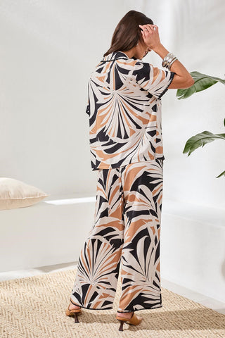 Printed Button‑Front Collared Short‑Sleeve Blouse-Chestnut