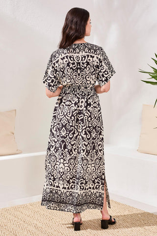 Printed Soft Challis V-Neck Empire Waist Maxi Dress-Quartz Tribal Fashion Printed Soft Challis V-Neck Empire Waist Maxi Dress-Quartz Tribal Fashion