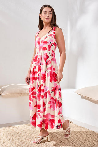 Watercolor Strappy V-Neck Fitted Body Midi Dress-Canvas