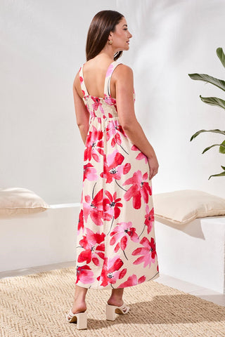 Watercolor Strappy V-Neck Fitted Body Midi Dress-Canvas