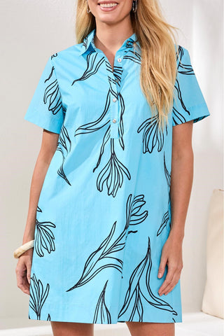 Printed Cotton Poplin Button Up Dress-Aqua sky
