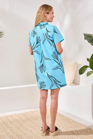 Printed Cotton Poplin Button Up Dress-Aqua sky