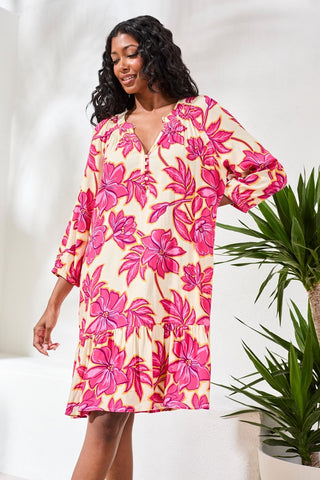 Notch Neck 3/4 Sleeve Tiered Tunic Dress-Pinkglow
