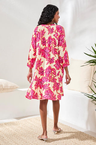 Notch Neck 3/4 Sleeve Tiered Tunic Dress-Pinkglow