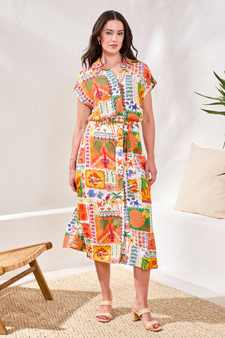 Lightweight Cotton Crosshatch Button-Front Belted Midi Dress-Guavablush