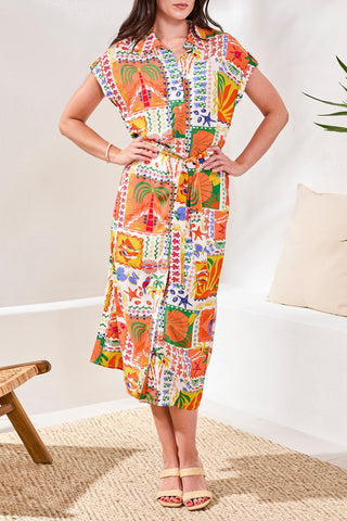 Lightweight Cotton Crosshatch Button-Front Belted Midi Dress-Guavablush