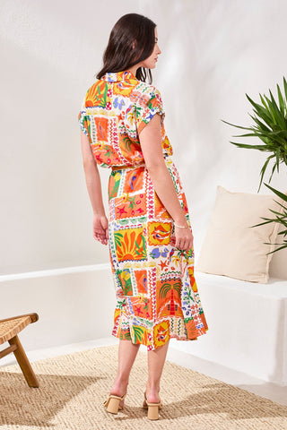 Lightweight Cotton Crosshatch Button-Front Belted Midi Dress-Guavablush