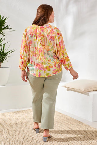 Size Inclusive Printed Dolman-Sleeve Notch Neck Blouse-Rosesilk