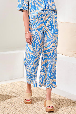 Printed Flowy Ankle Pants With Drawcord At Waist-Royal