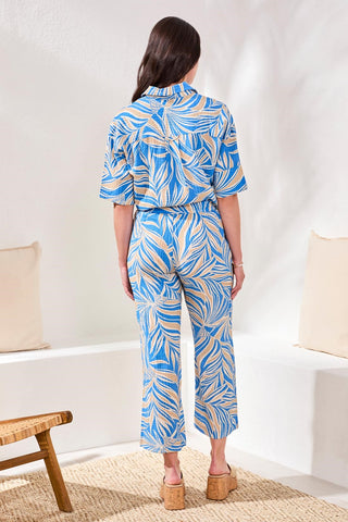 Printed Flowy Ankle Pants With Drawcord At Waist-Royal