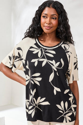 Printed Jersey Flutter Sleeve Crew Neck Top-Onyx