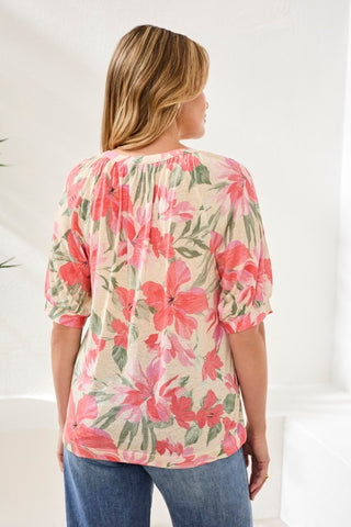 Printed Linen Elbow Sleeve Henley-Canvas