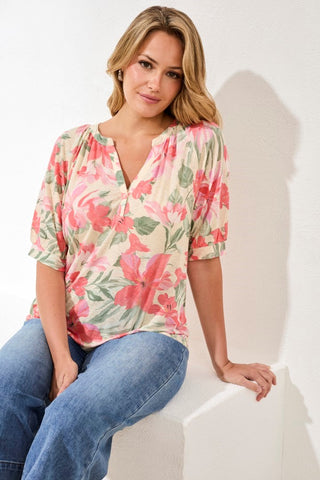 Printed Linen Elbow Sleeve Henley-Canvas