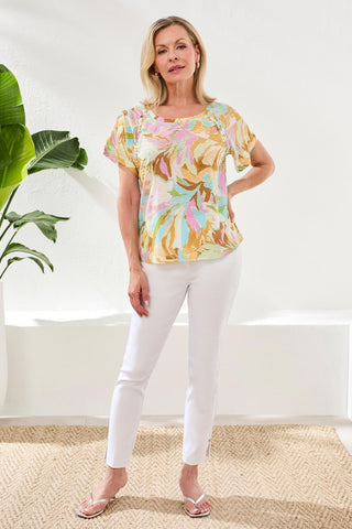 Printed Linen Scoop Neck Top With Pleating Detail-Wisteria