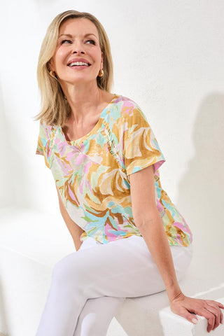 Printed Linen Scoop Neck Top With Pleating Detail-Wisteria