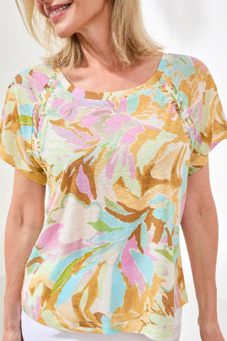 Printed Linen Scoop Neck Top With Pleating Detail-Wisteria