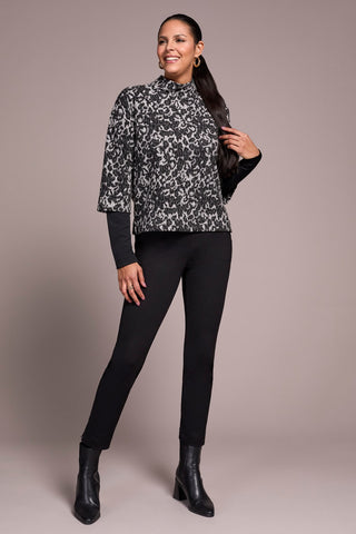 Printed Combo Sleeve Mock Neck Jacquard Top-Black