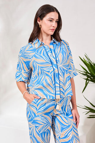 Printed Loop Stitch Button-Front Camp Shirt-Royal