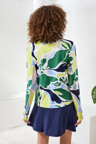 Printed Mock-Neck Cardigan With Long Sleeves-Florallime