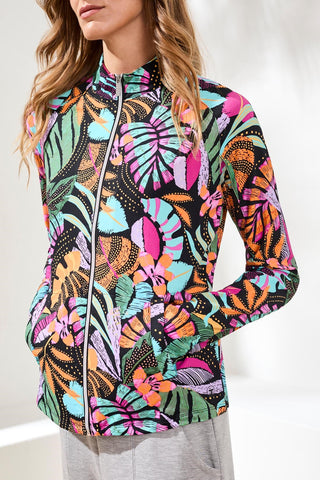 Printed Mock-Neck Cardigan With Long Sleeves-Tropical