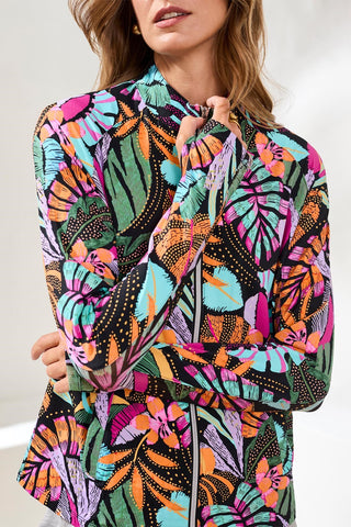Printed Mock-Neck Cardigan With Long Sleeves-Tropical