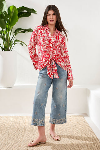 Blouse En Challis Gaufré Imprimé Avec Noeud Devant-Sangria