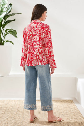 Blouse En Challis Gaufré Imprimé Avec Noeud Devant-Sangria