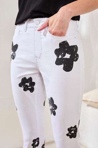 Stretch Cotton Floral High-Waisted Capris-White/black