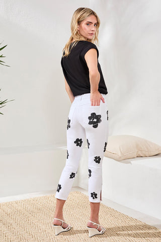 Stretch Cotton Floral High-Waisted Capris-White/black
