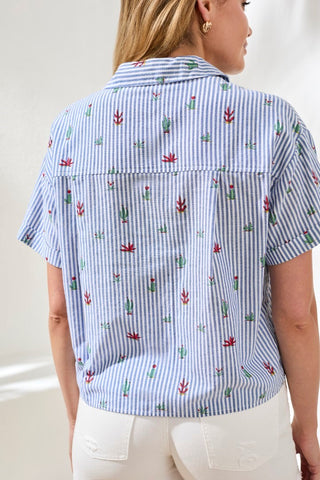 Blouse Imprimée Rayée À Manches Courtes Et Boutons-Blanc