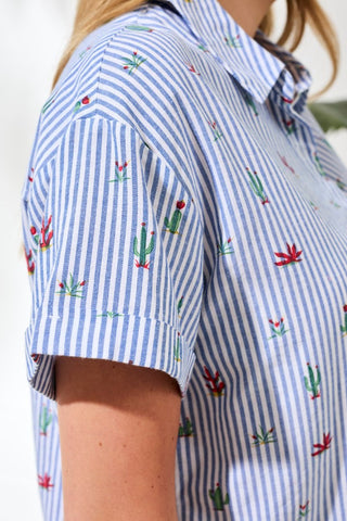 Blouse Imprimée Rayée À Manches Courtes Et Boutons-Blanc