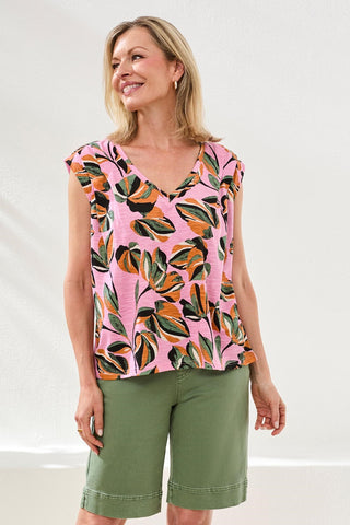 Printed V-Neck Cap Sleeve Top-Wisteria