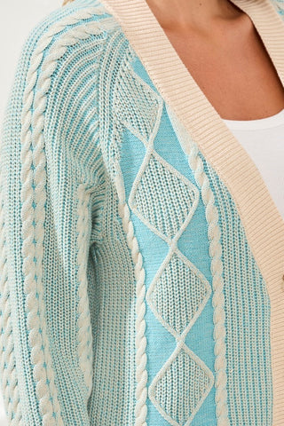 Puff Sleeve Diamond-Stitch Combed Cotton Cardigan-Aqua sky