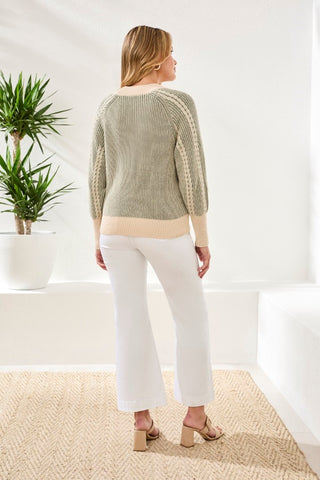 Puff Sleeve Diamond-Stitch Combed Cotton Cardigan-Moss