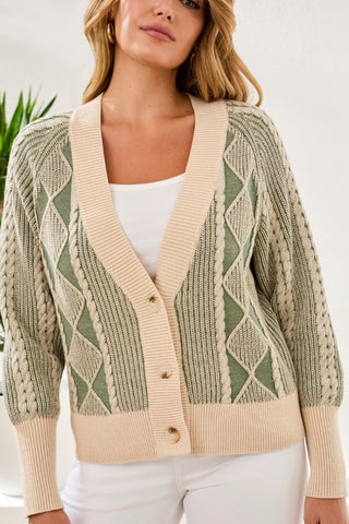 Puff Sleeve Diamond-Stitch Combed Cotton Cardigan-Moss