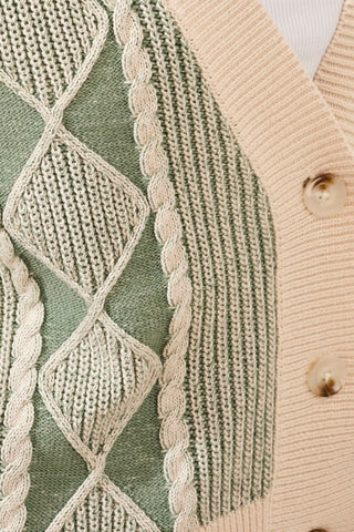 Puff Sleeve Diamond-Stitch Combed Cotton Cardigan-Moss