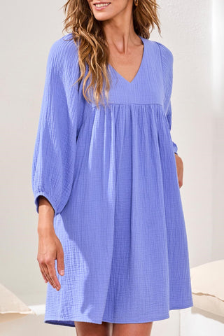 Crinkle Gauze V-Neck Empire Waist Balloon Sleeve Dress-Baja blue