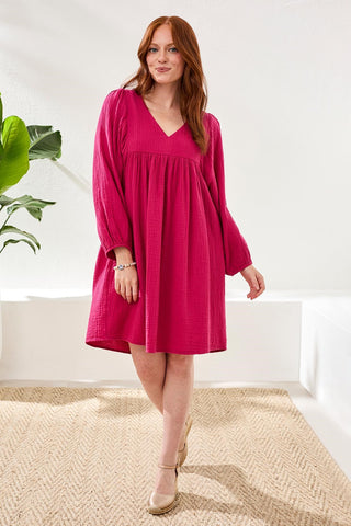 Crinkle Gauze V-Neck Empire Waist Balloon Sleeve Dress-Gardenia