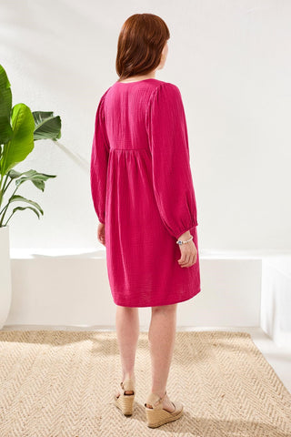 Crinkle Gauze V-Neck Empire Waist Balloon Sleeve Dress-Gardenia