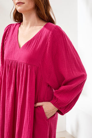 Crinkle Gauze V-Neck Empire Waist Balloon Sleeve Dress-Gardenia