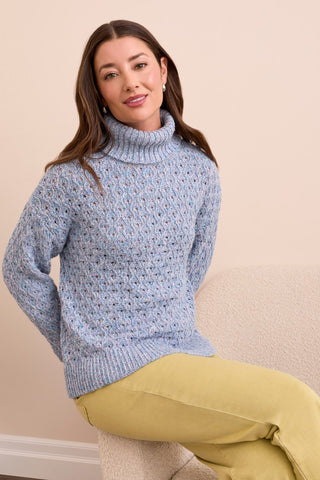 Puff Sleeve Turtleneck Open Crochet Sweater-M blueviolet