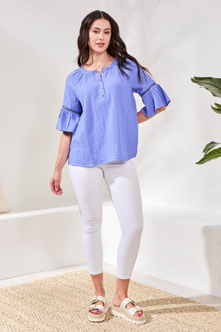 Raglan Sleeve Blouse In Crinkled Gauze-Baja blue