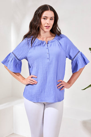 Raglan Sleeve Blouse In Crinkled Gauze-Baja blue