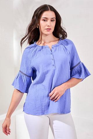 Raglan Sleeve Blouse In Crinkled Gauze-Baja blue