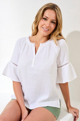 Raglan Sleeve Blouse In Crinkled Gauze-White