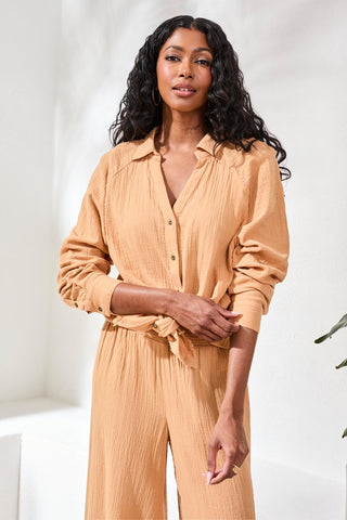 Raglan Sleeve Shirt In Crinkled Gauze-Saharabeige