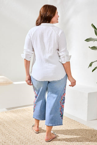 Raglan Sleeve Shirt In Crinkled Gauze-White