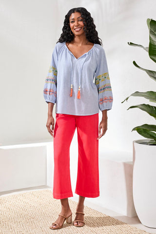 Embroidered Balloon Sleeve Tassel Tie Notch Neck Blouse-Baja blue